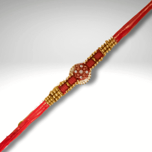 Traditional Swastik Rakhi with Golden Beads & Red Mauli Thread